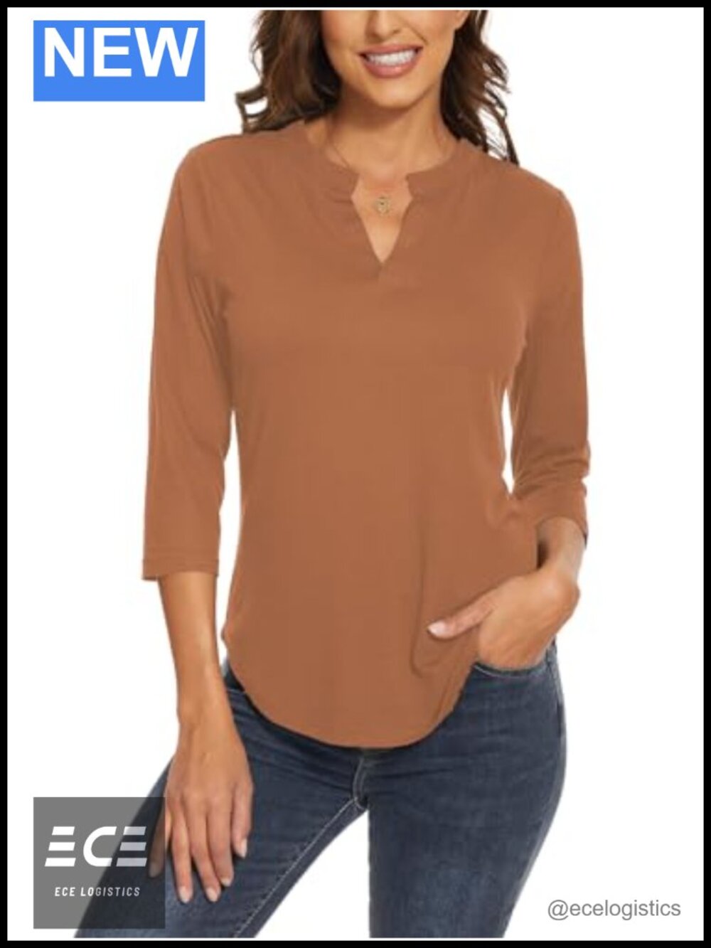 Women's 3/4 Sleeve Tunic Top Notch V Neck Loose Fit Office Blouse